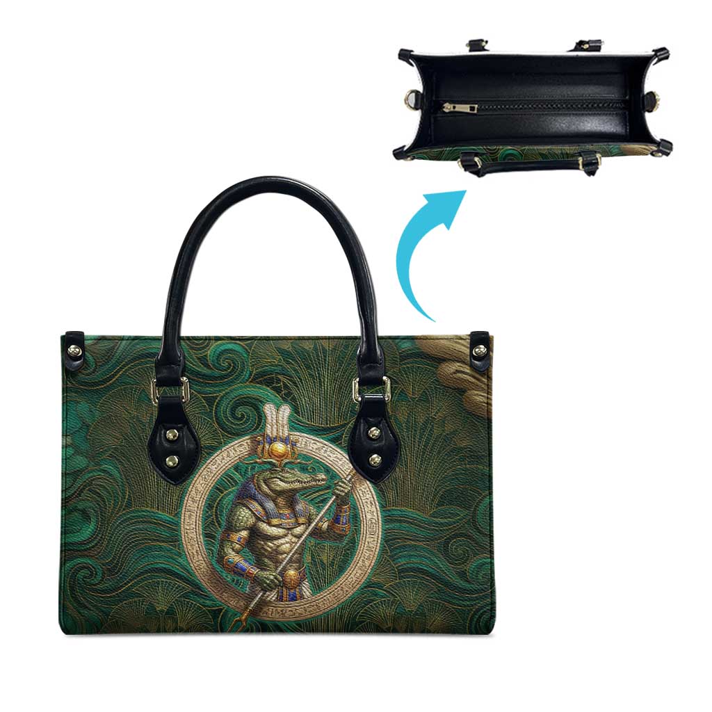 Sobek Crocodile Warrior Leather Bag with Ankh Ancient Egyptian Motif in Emerald