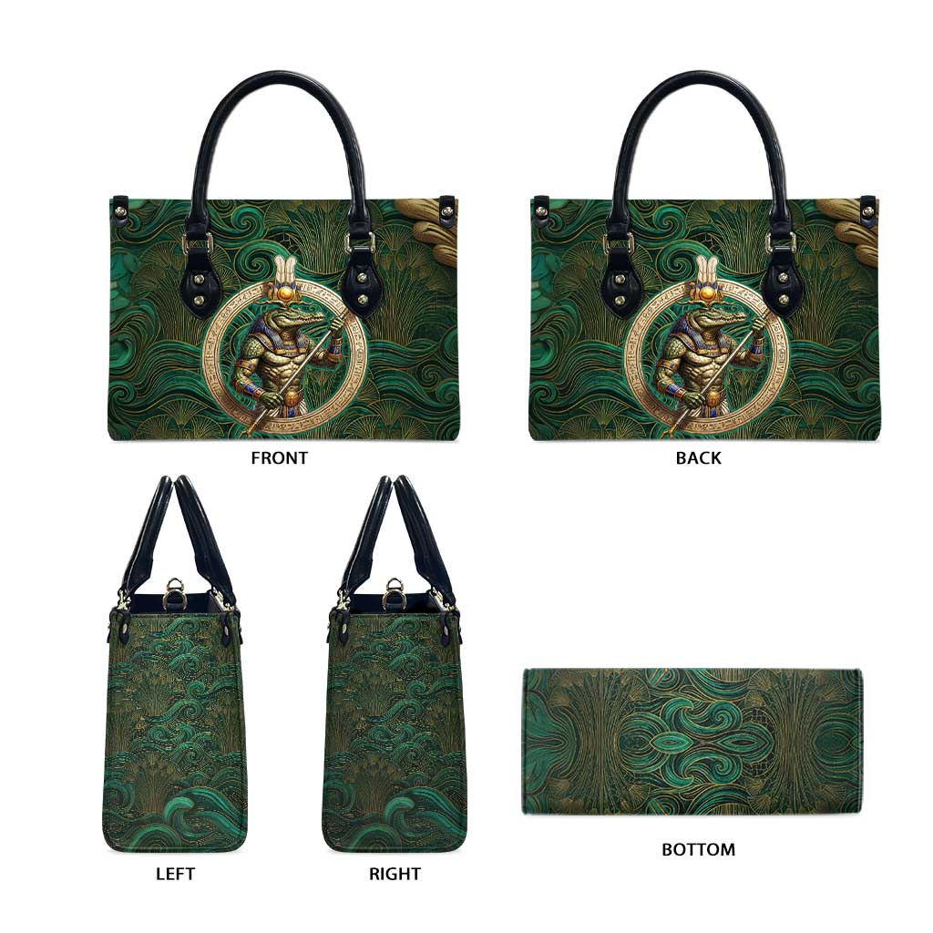 Sobek Crocodile Warrior Leather Bag with Ankh Ancient Egyptian Motif in Emerald