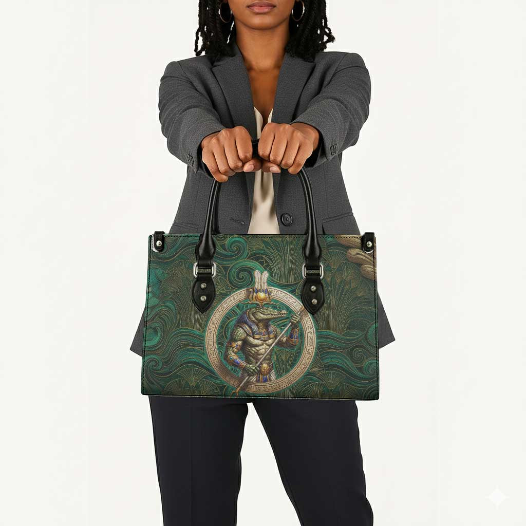 Sobek Crocodile Warrior Leather Bag with Ankh Ancient Egyptian Motif in Emerald