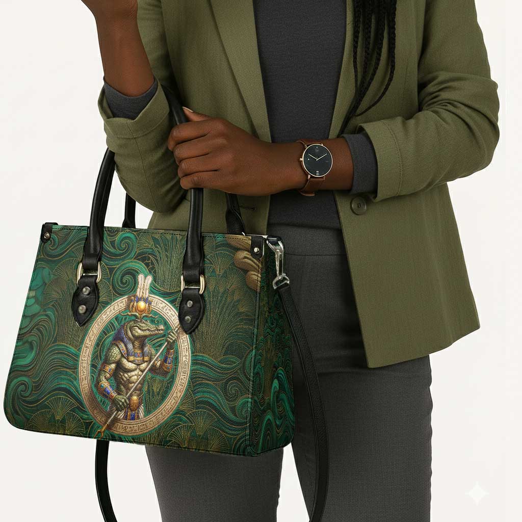 Sobek Crocodile Warrior Leather Bag with Ankh Ancient Egyptian Motif in Emerald