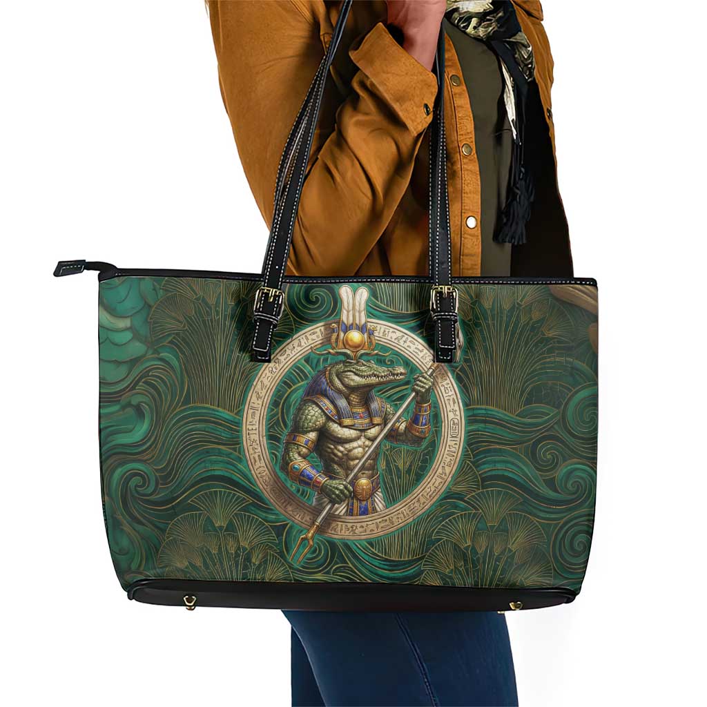 Sobek Crocodile Warrior Leather Tote Bag with Ankh Ancient Egyptian Motif in Emerald