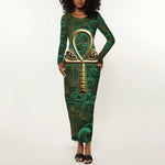 Sobek Crocodile Warrior Long Sleeve Bodycon Dress with Ankh Ancient Egyptian Motif in Emerald