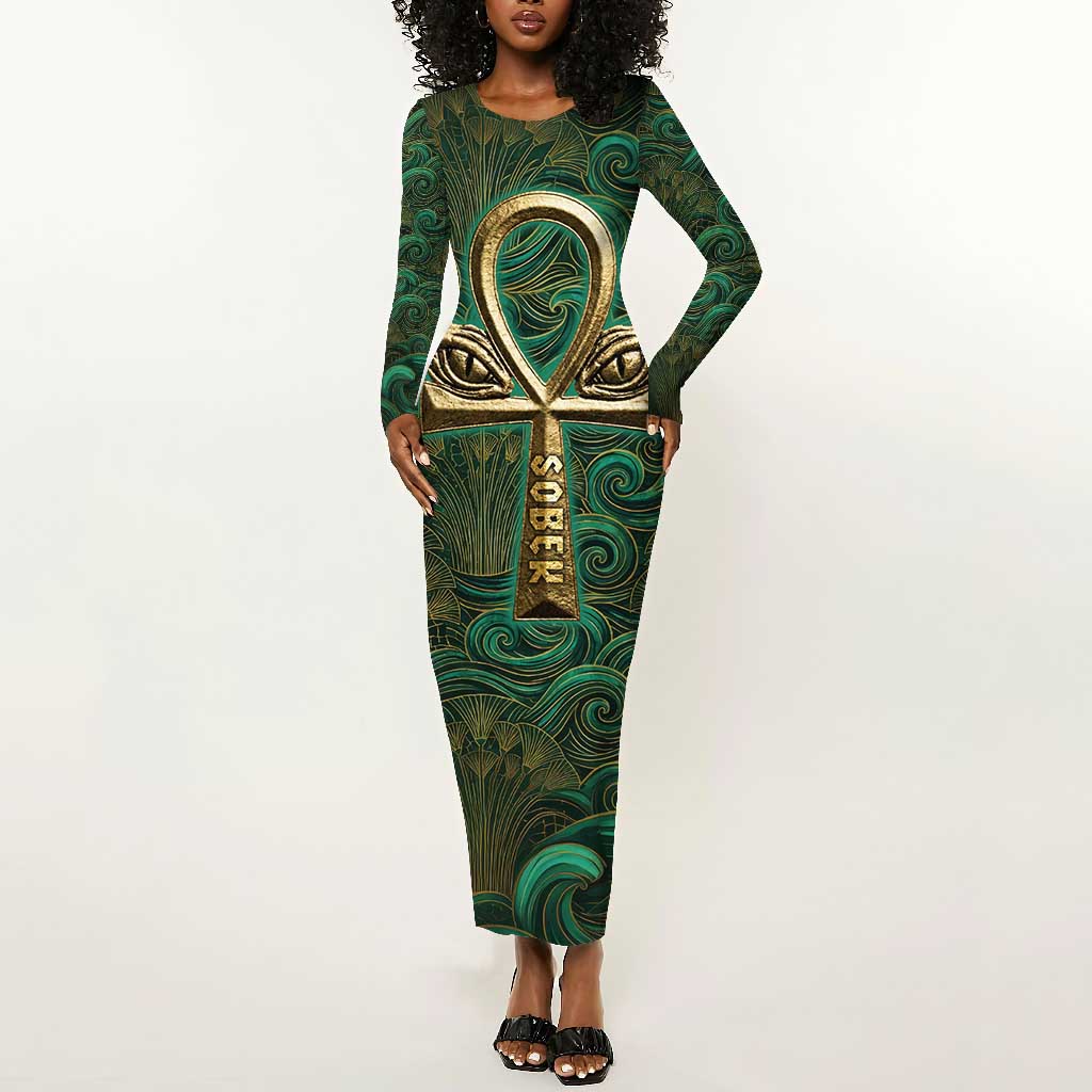 Sobek Crocodile Warrior Long Sleeve Bodycon Dress with Ankh Ancient Egyptian Motif in Emerald
