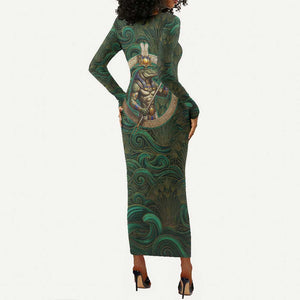 Sobek Crocodile Warrior Long Sleeve Bodycon Dress with Ankh Ancient Egyptian Motif in Emerald