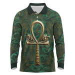 Sobek Crocodile Warrior Long Sleeve Polo Shirt with Ankh Ancient Egyptian Motif in Emerald