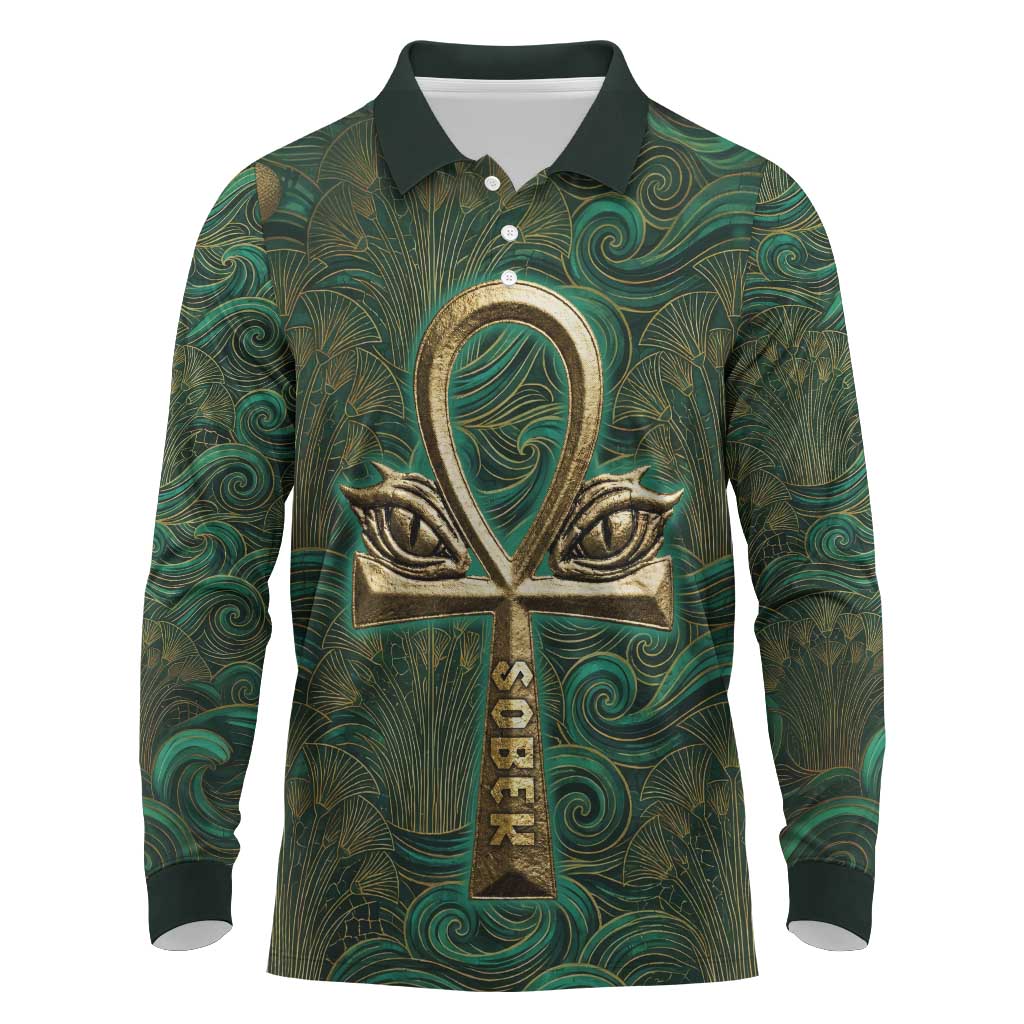 Sobek Crocodile Warrior Long Sleeve Polo Shirt with Ankh Ancient Egyptian Motif in Emerald
