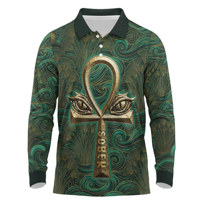 Sobek Crocodile Warrior Long Sleeve Polo Shirt with Ankh Ancient Egyptian Motif in Emerald