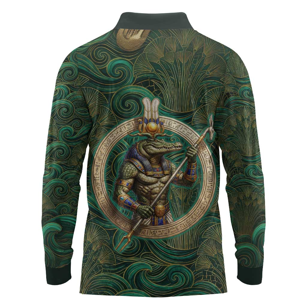 Sobek Crocodile Warrior Long Sleeve Polo Shirt with Ankh Ancient Egyptian Motif in Emerald