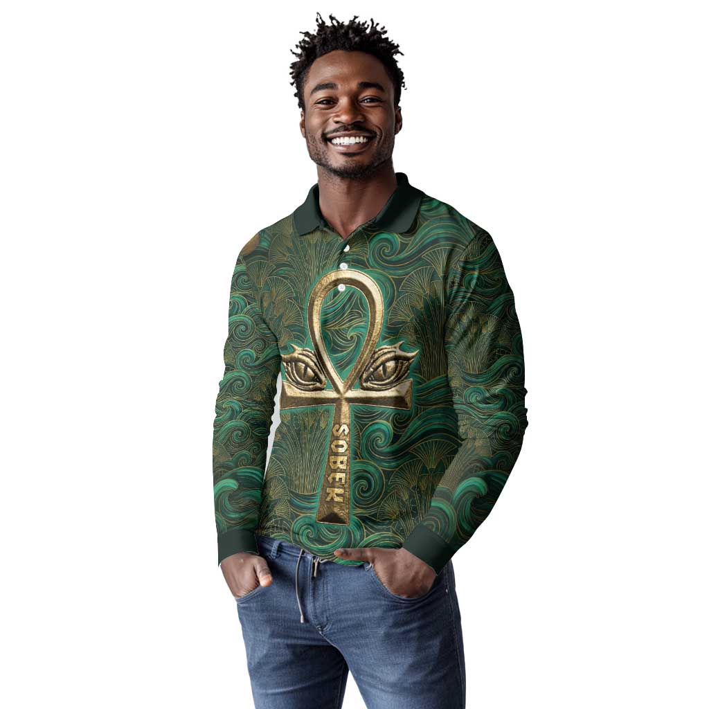 Sobek Crocodile Warrior Long Sleeve Polo Shirt with Ankh Ancient Egyptian Motif in Emerald