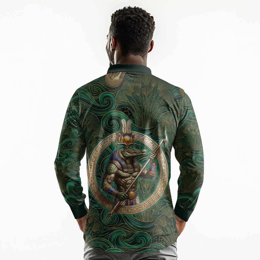 Sobek Crocodile Warrior Long Sleeve Polo Shirt with Ankh Ancient Egyptian Motif in Emerald