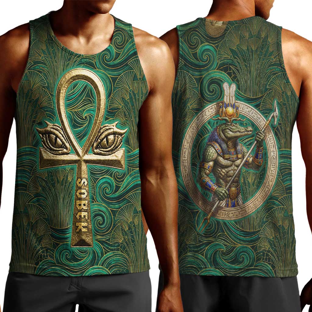 Sobek Crocodile Warrior Men Tank Top with Ankh Ancient Egyptian Motif in Emerald