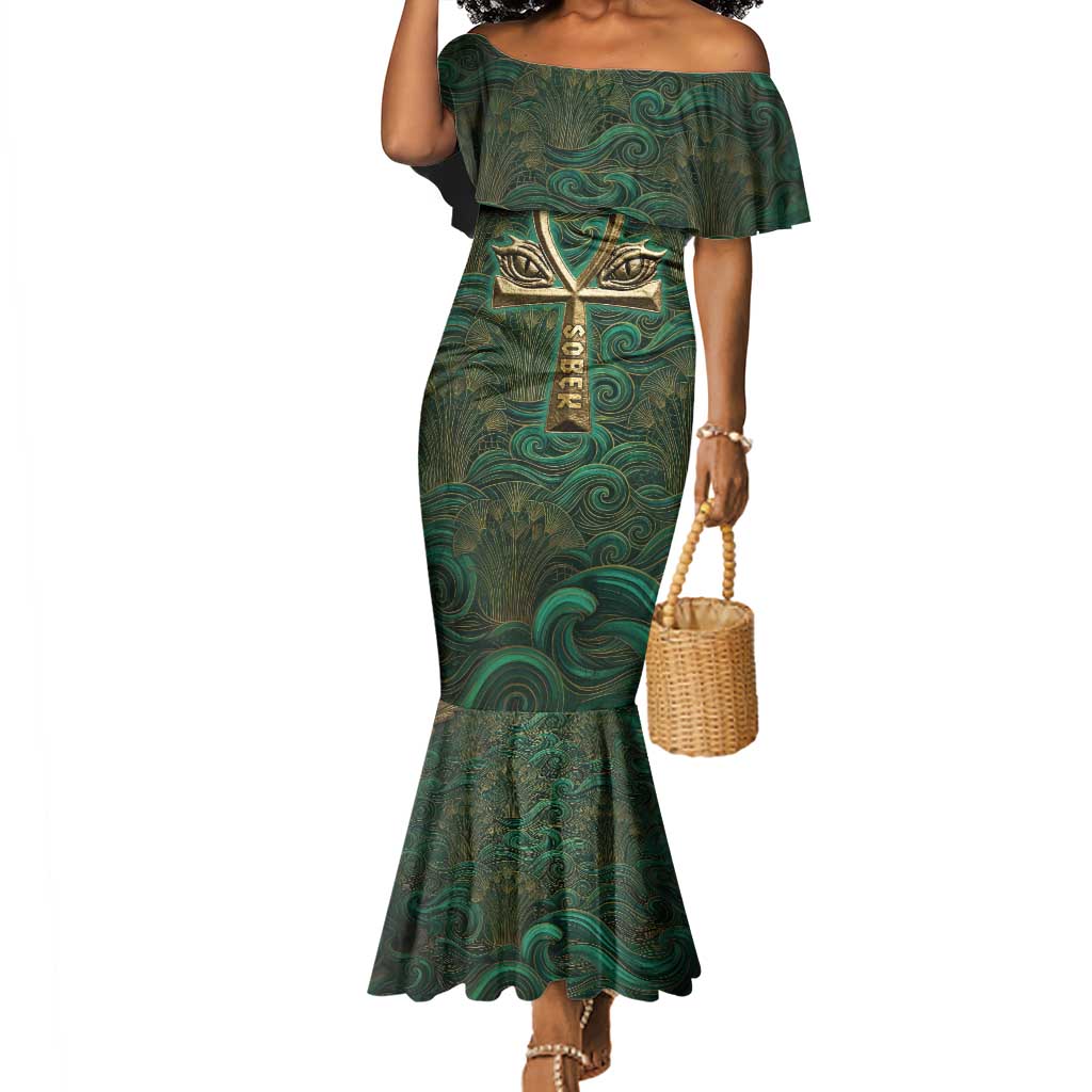 Sobek Crocodile Warrior Mermaid Dress with Ankh Ancient Egyptian Motif in Emerald