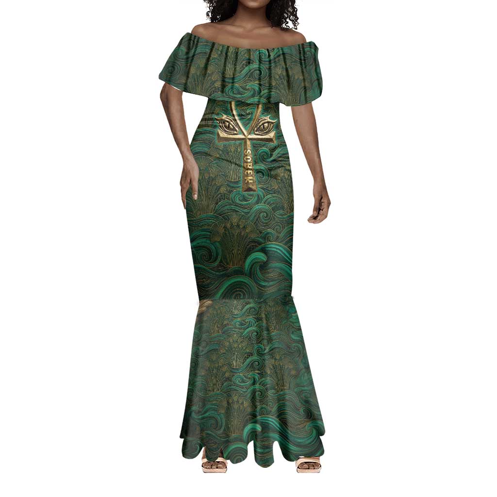 Sobek Crocodile Warrior Mermaid Dress with Ankh Ancient Egyptian Motif in Emerald