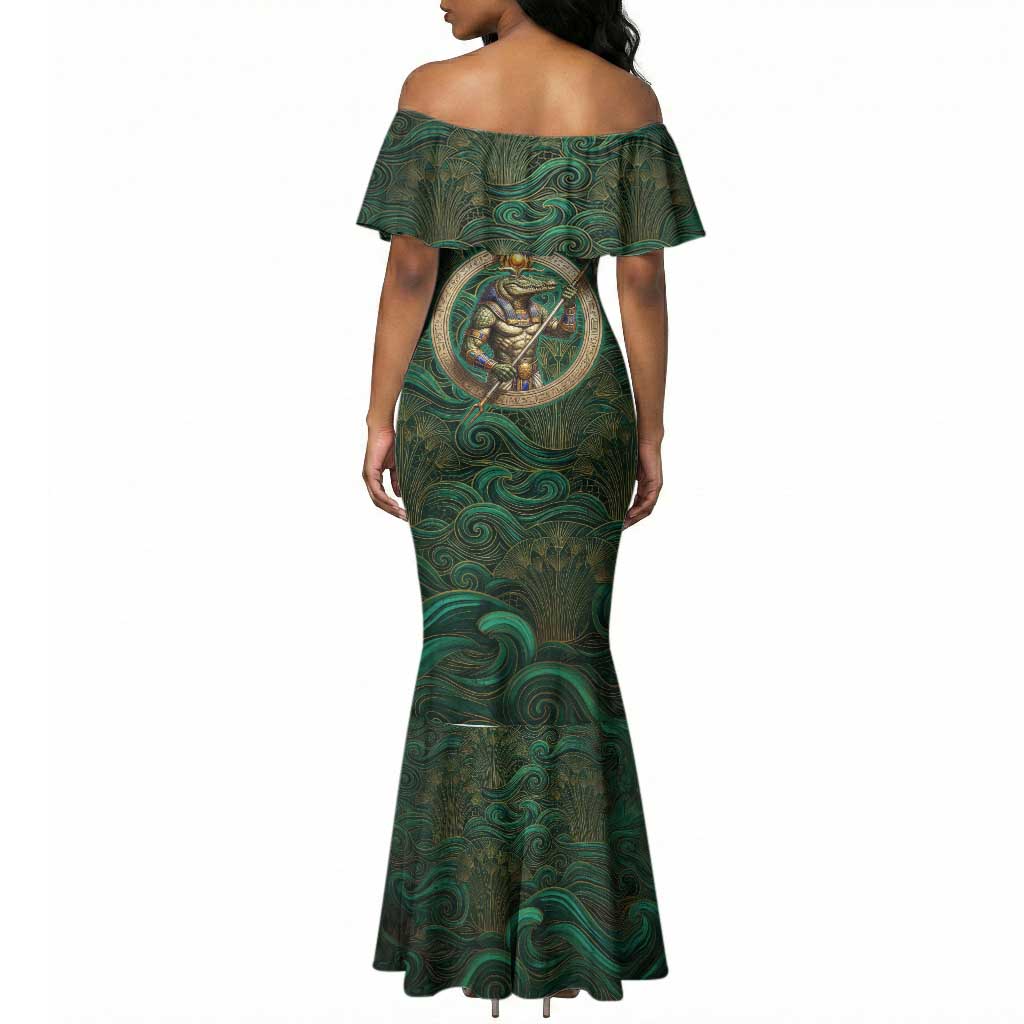 Sobek Crocodile Warrior Mermaid Dress with Ankh Ancient Egyptian Motif in Emerald