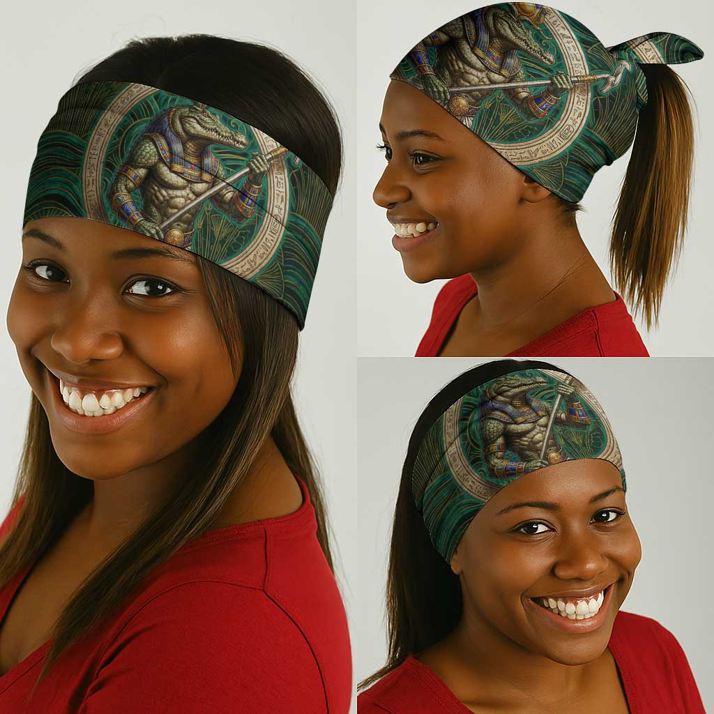 Sobek Crocodile Warrior Neck Gaiter with Ankh Ancient Egyptian Motif in Emerald