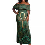 Sobek Crocodile Warrior Off Shoulder Maxi Dress with Ankh Ancient Egyptian Motif in Emerald