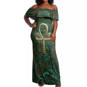 Sobek Crocodile Warrior Off Shoulder Maxi Dress with Ankh Ancient Egyptian Motif in Emerald