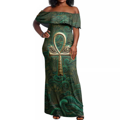 Sobek Crocodile Warrior Off Shoulder Maxi Dress with Ankh Ancient Egyptian Motif in Emerald
