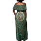 Sobek Crocodile Warrior Off Shoulder Maxi Dress with Ankh Ancient Egyptian Motif in Emerald