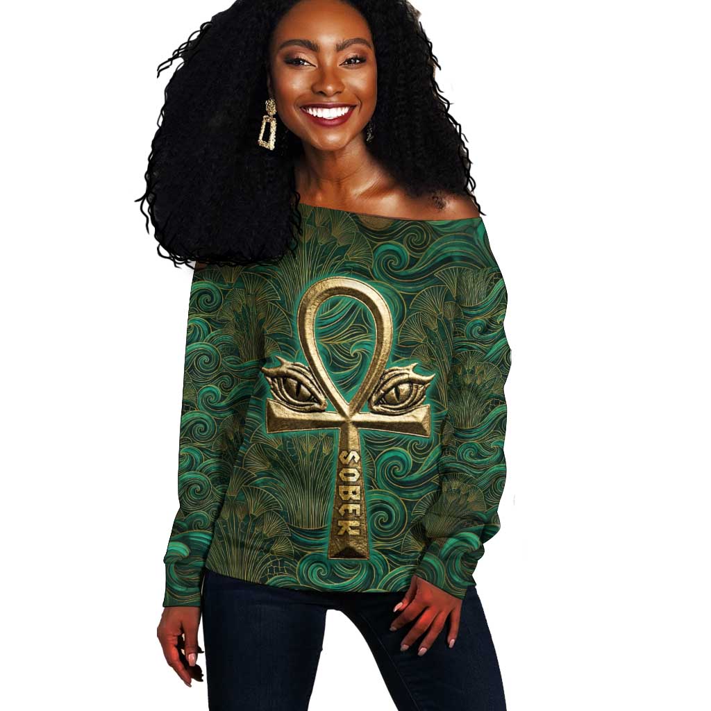 Sobek Crocodile Warrior Off Shoulder Sweater with Ankh Ancient Egyptian Motif in Emerald
