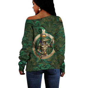Sobek Crocodile Warrior Off Shoulder Sweater with Ankh Ancient Egyptian Motif in Emerald