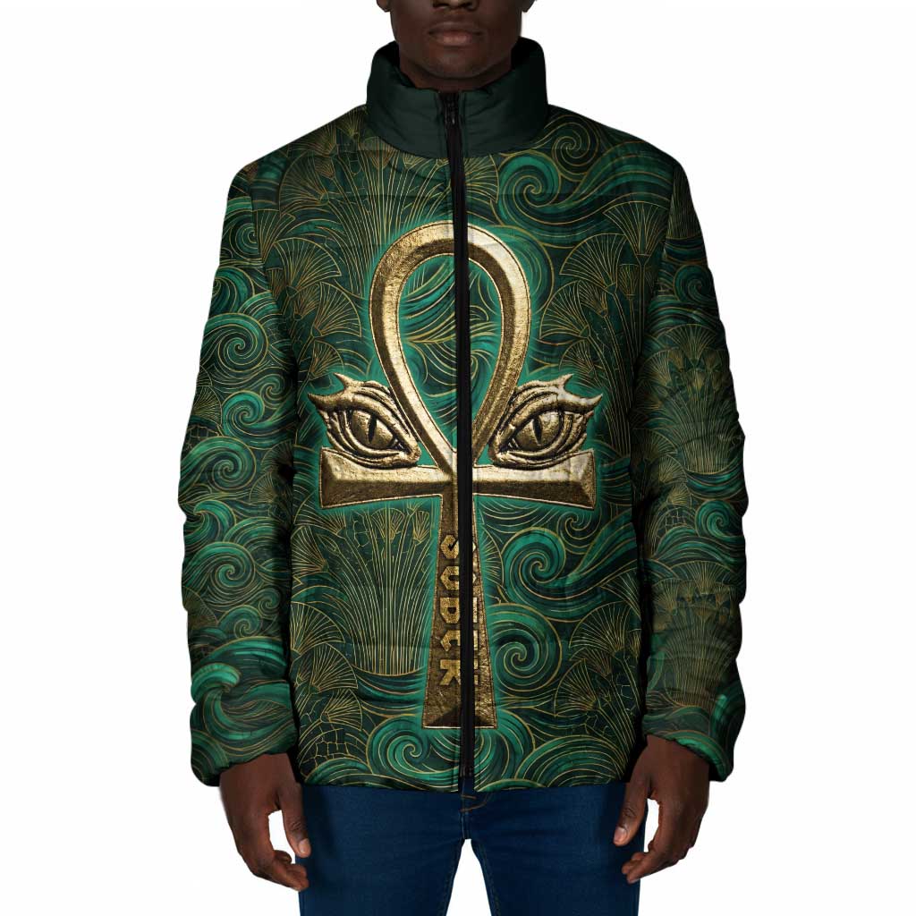 Sobek Crocodile Warrior Padded Jacket with Ankh Ancient Egyptian Motif in Emerald