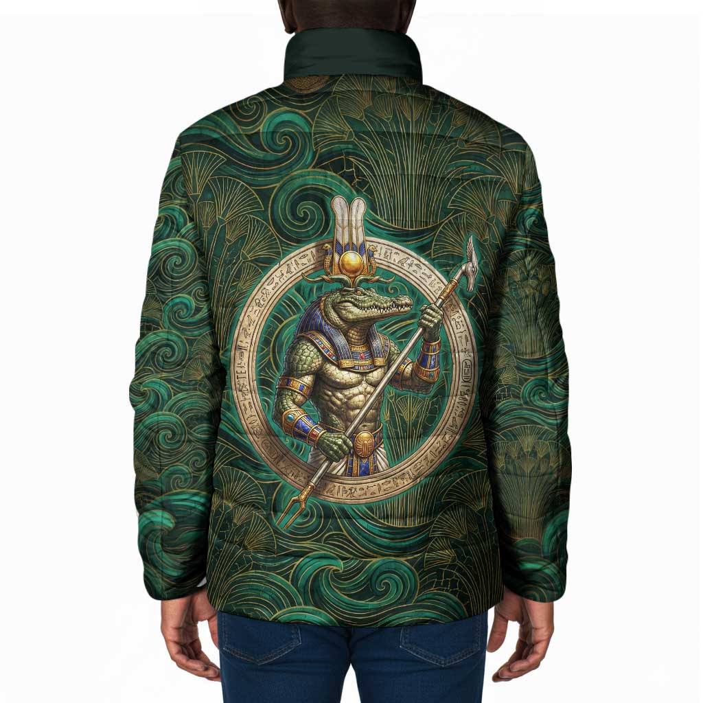 Sobek Crocodile Warrior Padded Jacket with Ankh Ancient Egyptian Motif in Emerald