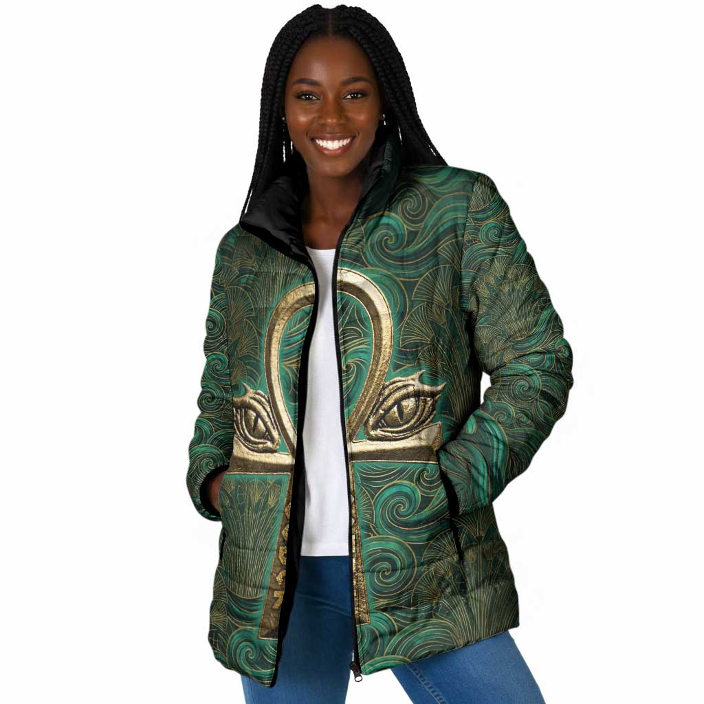 Sobek Crocodile Warrior Padded Jacket with Ankh Ancient Egyptian Motif in Emerald