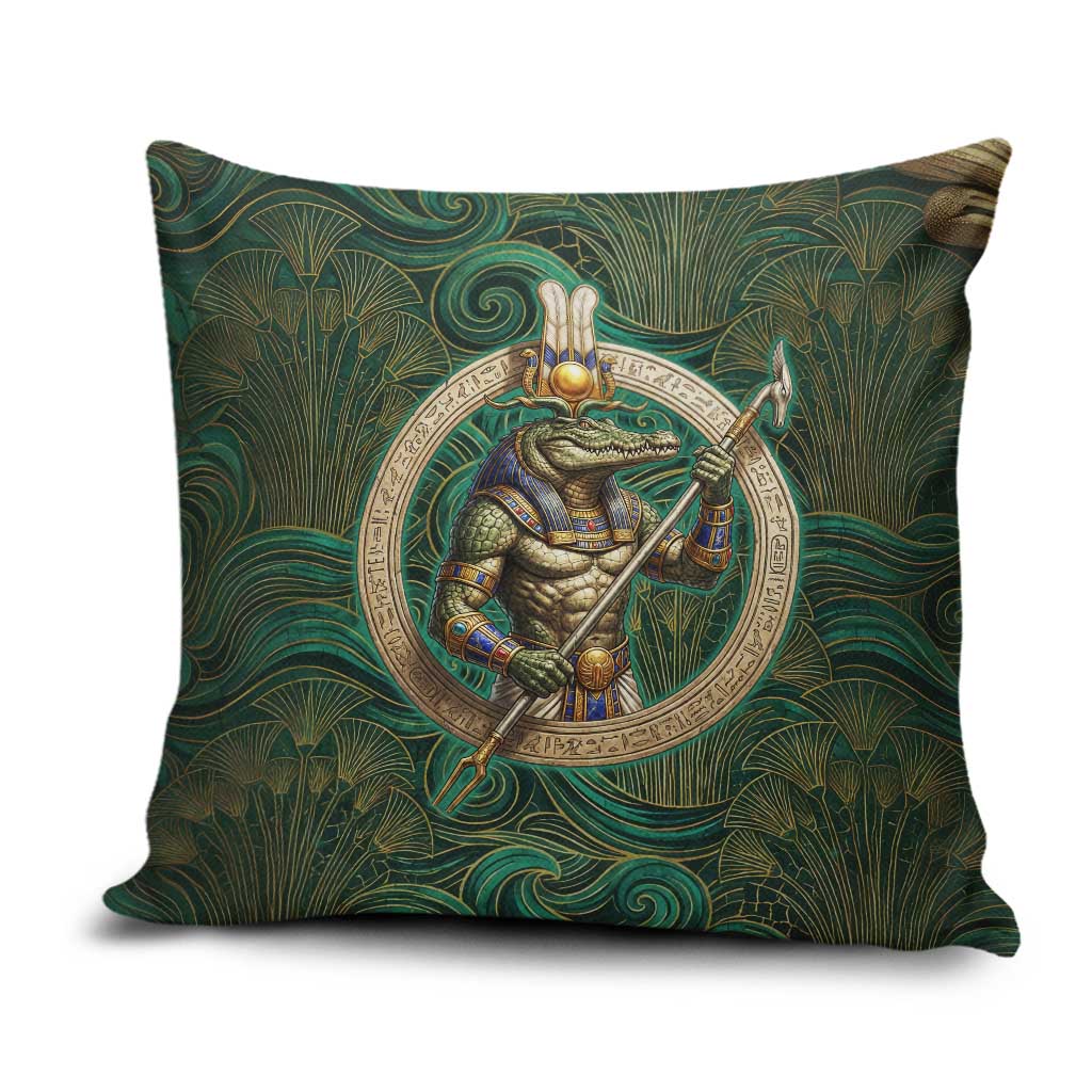 Sobek Crocodile Warrior Pillow Cover with Ankh Ancient Egyptian Motif in Emerald