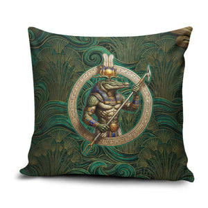 Sobek Crocodile Warrior Pillow Cover with Ankh Ancient Egyptian Motif in Emerald