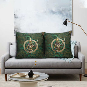 Sobek Crocodile Warrior Pillow Cover with Ankh Ancient Egyptian Motif in Emerald