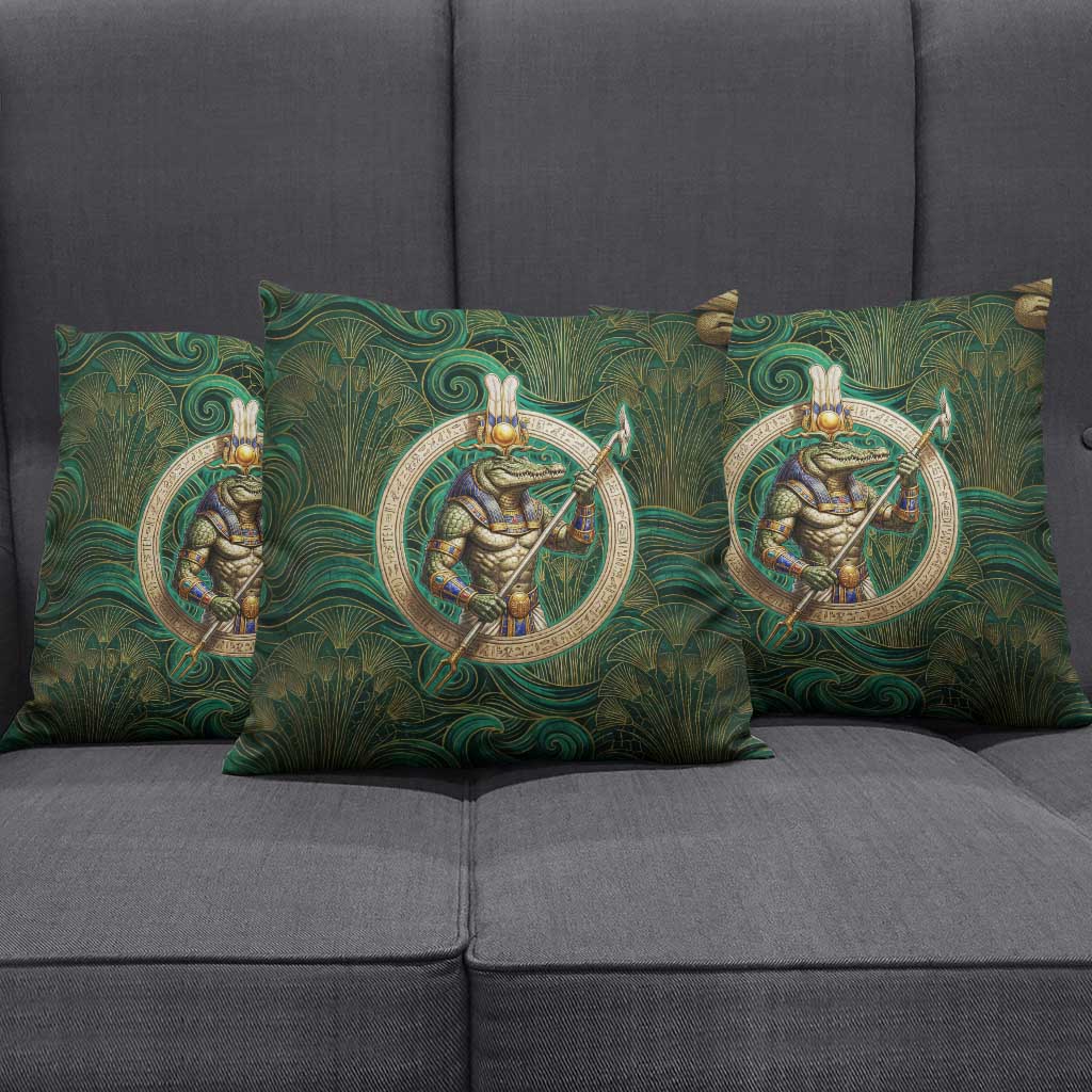 Sobek Crocodile Warrior Pillow Cover with Ankh Ancient Egyptian Motif in Emerald