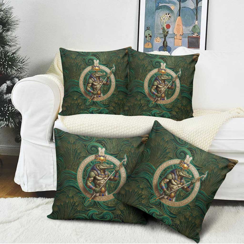 Sobek Crocodile Warrior Pillow Cover with Ankh Ancient Egyptian Motif in Emerald