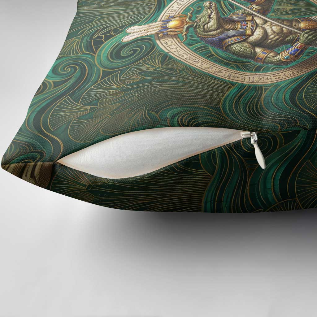 Sobek Crocodile Warrior Pillow Cover with Ankh Ancient Egyptian Motif in Emerald