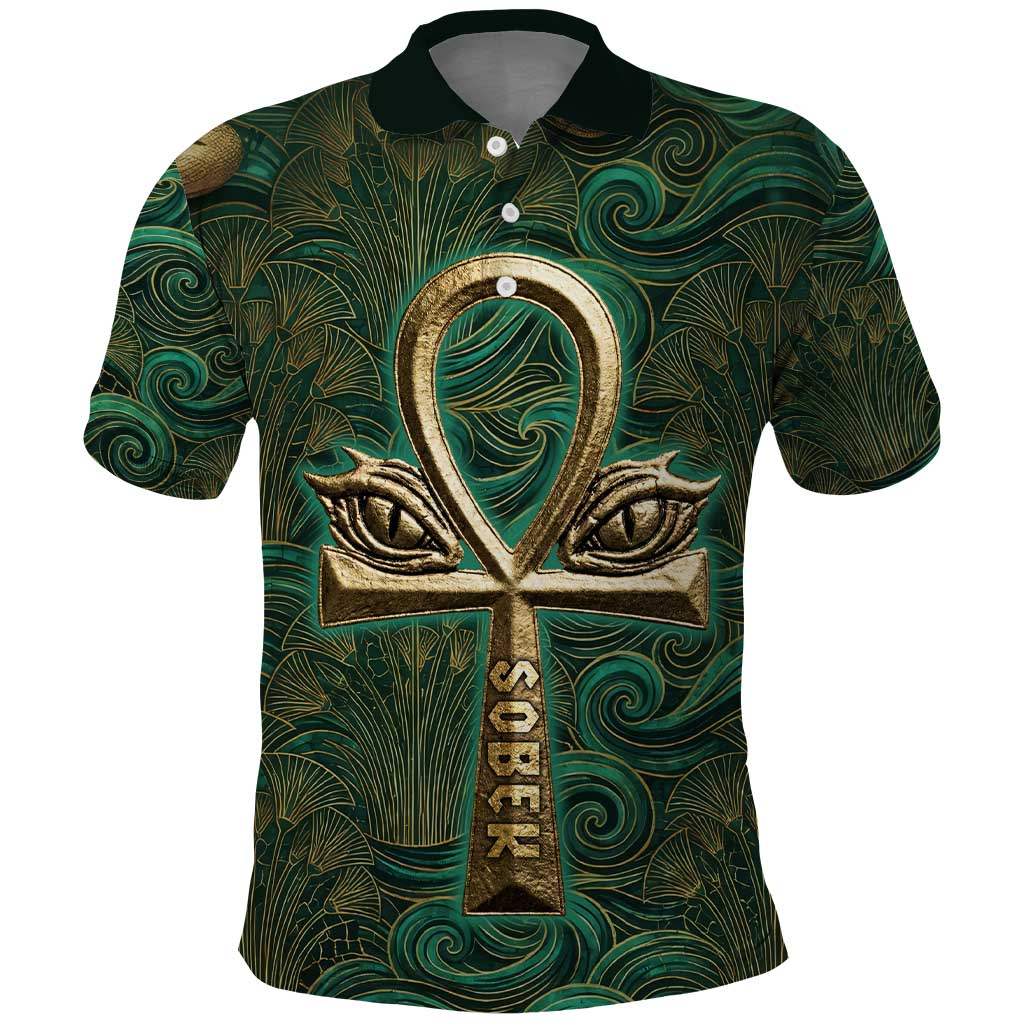 Sobek Crocodile Warrior Polo Shirt with Ankh Ancient Egyptian Motif in Emerald
