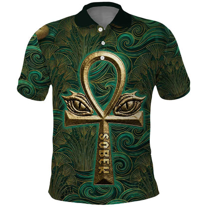 Sobek Crocodile Warrior Polo Shirt with Ankh Ancient Egyptian Motif in Emerald
