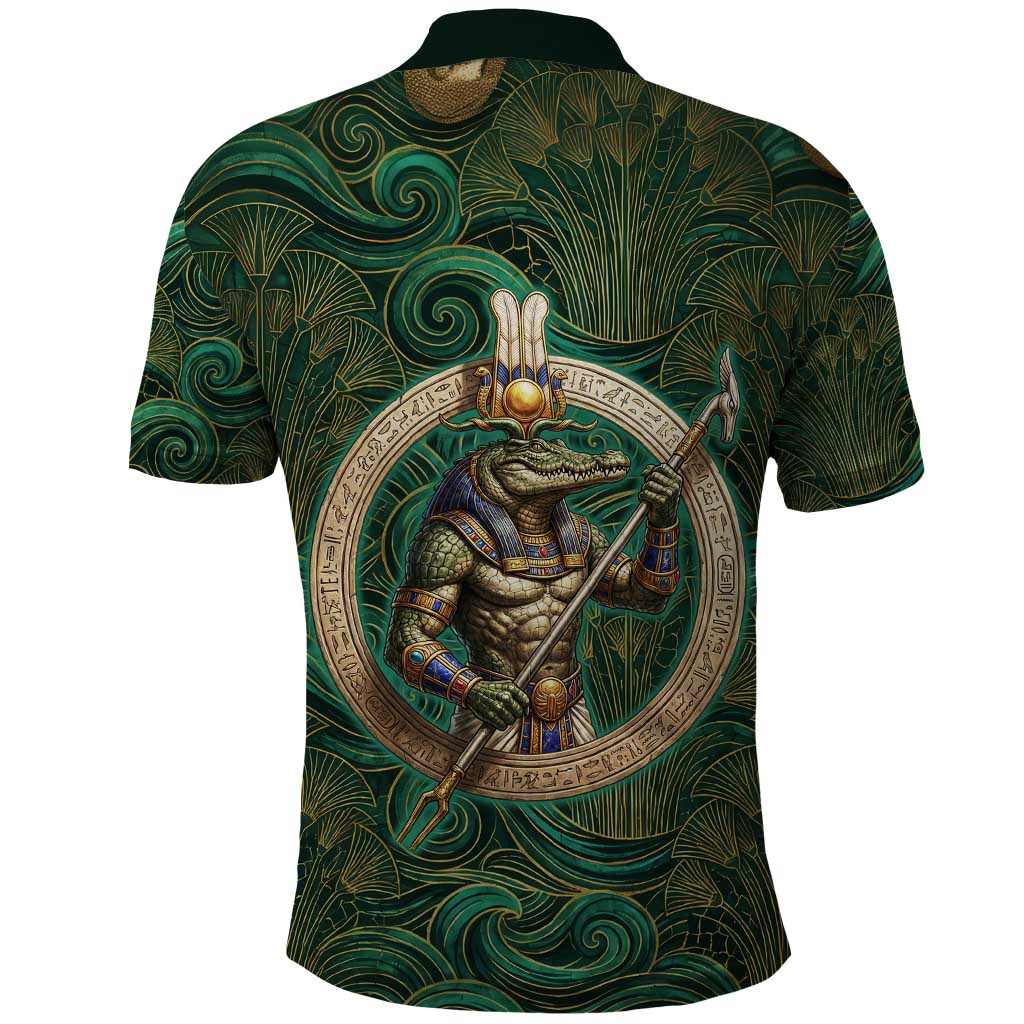 Sobek Crocodile Warrior Polo Shirt with Ankh Ancient Egyptian Motif in Emerald