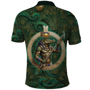 Sobek Crocodile Warrior Polo Shirt with Ankh Ancient Egyptian Motif in Emerald