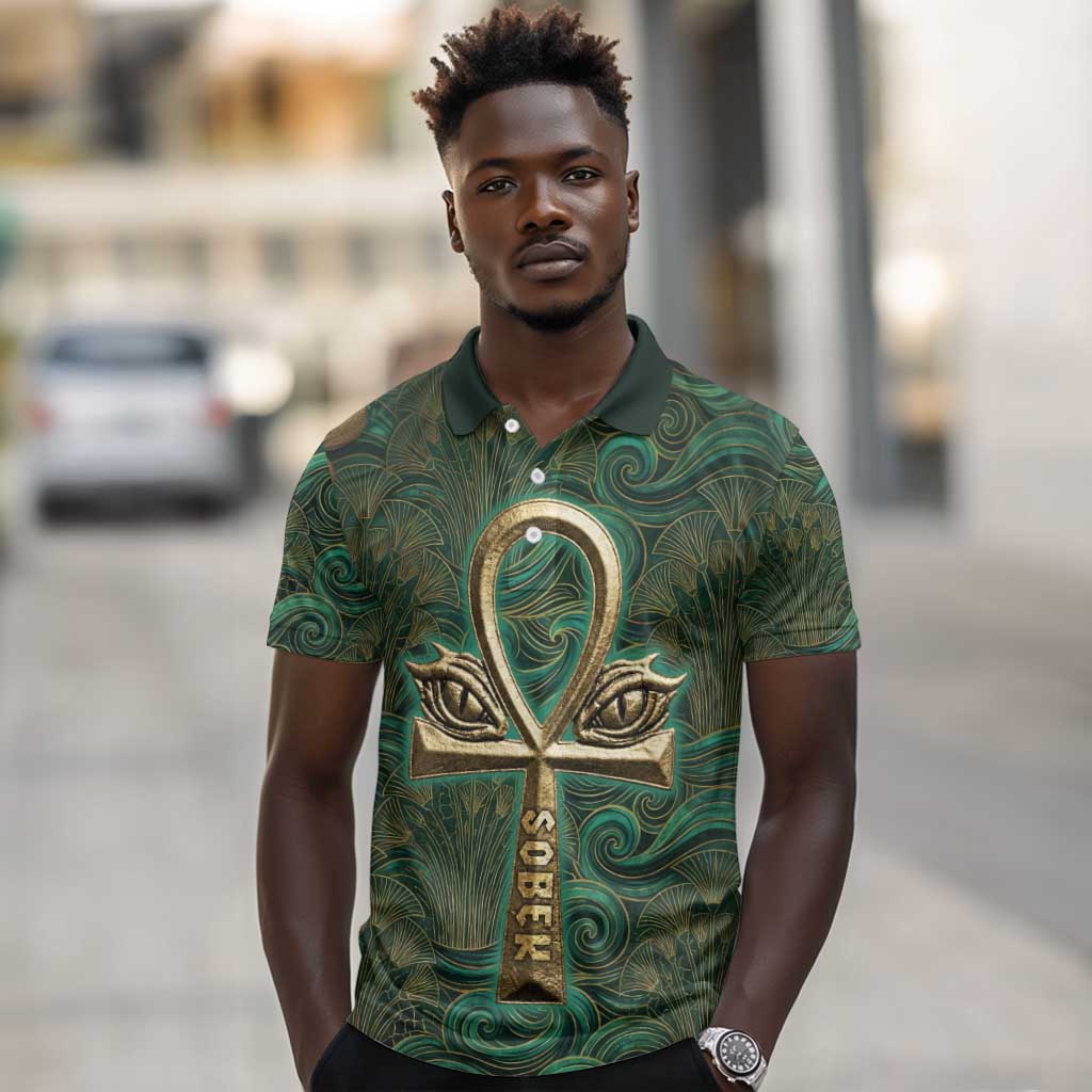 Sobek Crocodile Warrior Polo Shirt with Ankh Ancient Egyptian Motif in Emerald