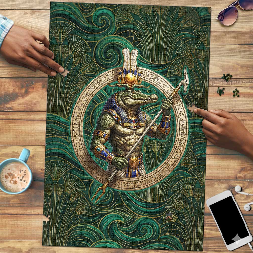 Sobek Crocodile Warrior Puzzle with Ankh Ancient Egyptian Motif in Emerald