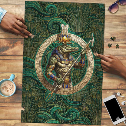 Sobek Crocodile Warrior Puzzle with Ankh Ancient Egyptian Motif in Emerald