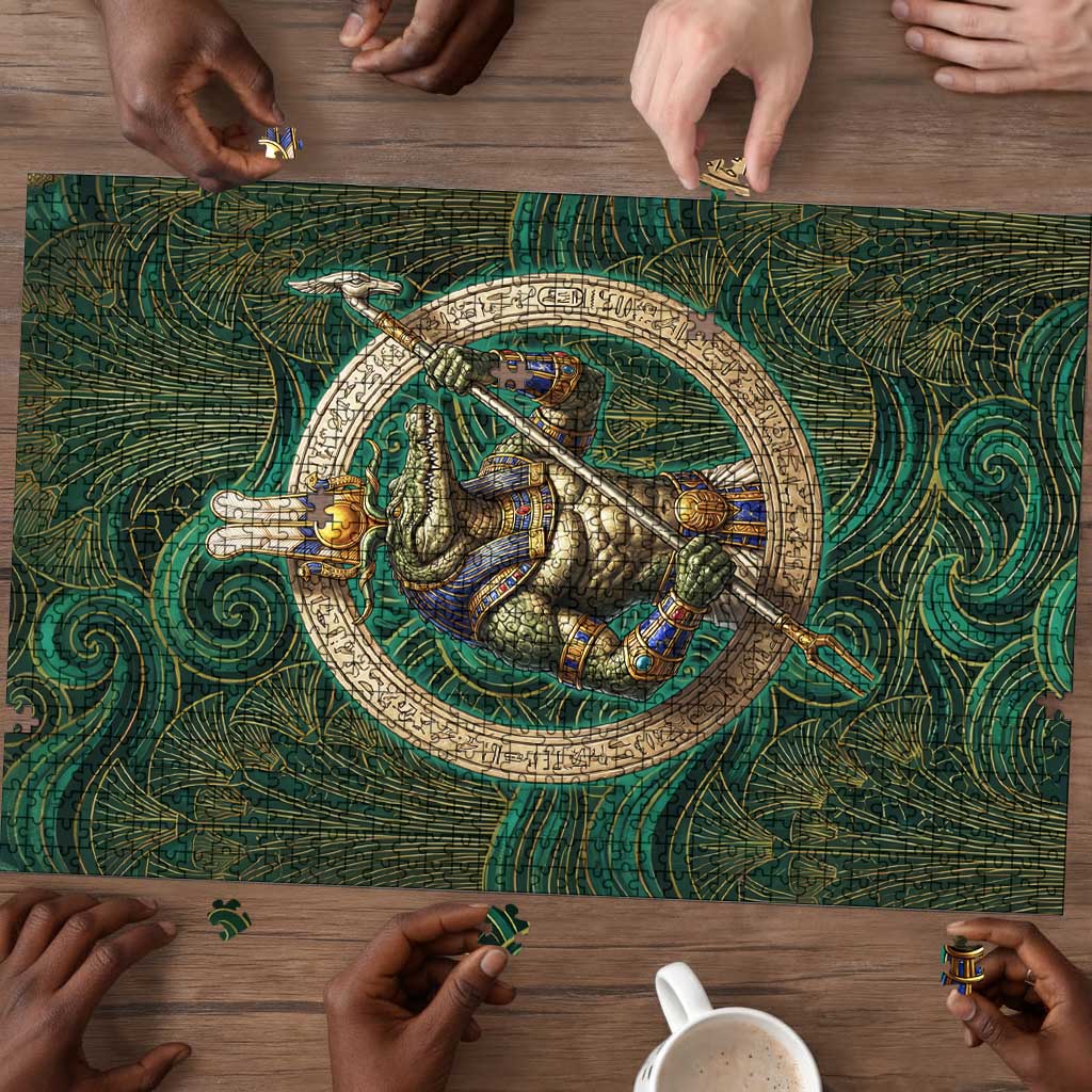 Sobek Crocodile Warrior Puzzle with Ankh Ancient Egyptian Motif in Emerald