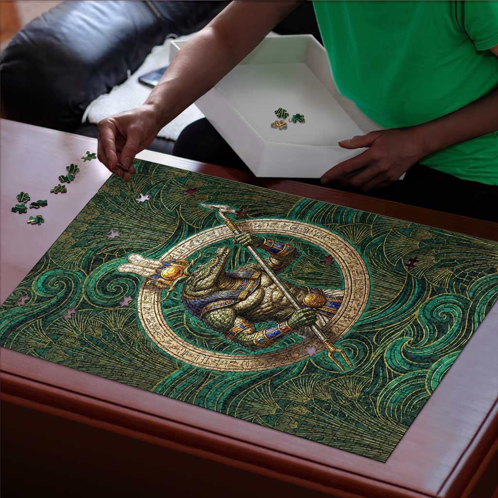 Sobek Crocodile Warrior Puzzle with Ankh Ancient Egyptian Motif in Emerald