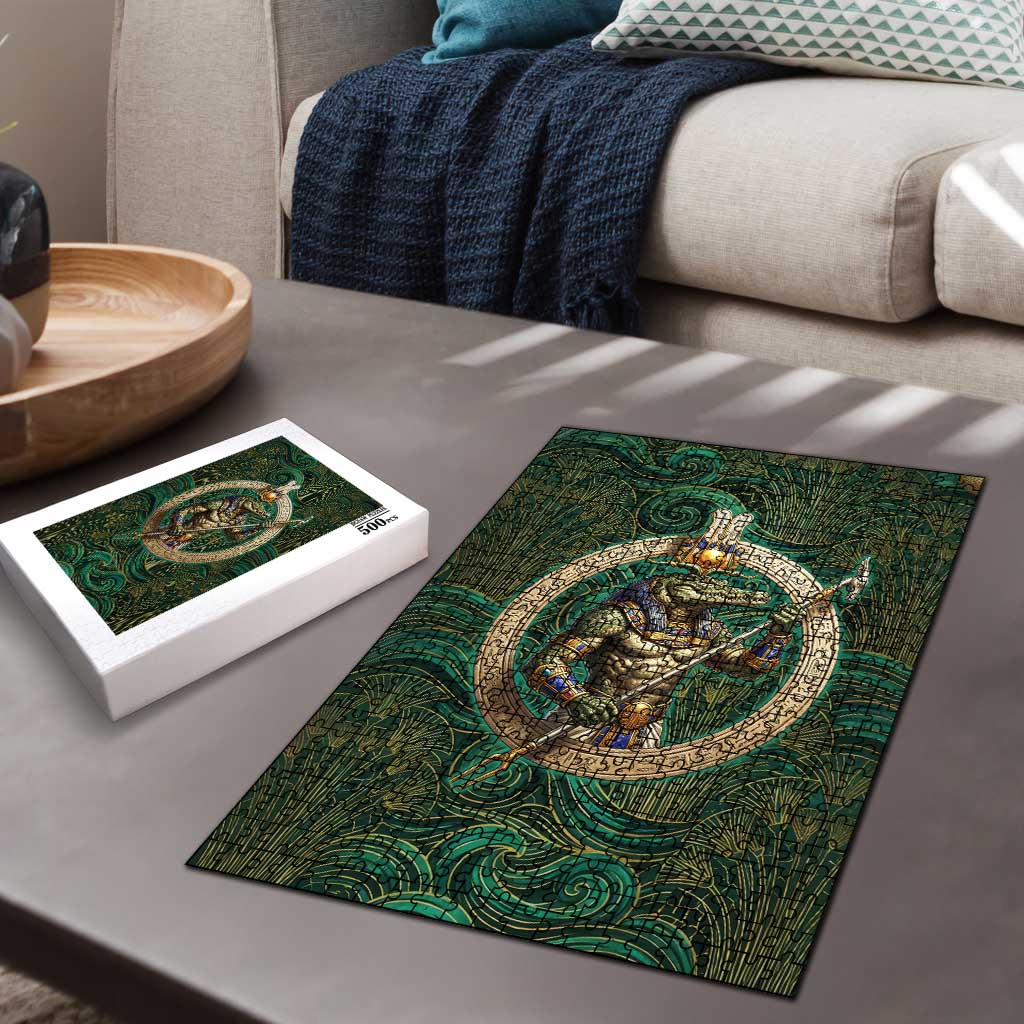 Sobek Crocodile Warrior Puzzle with Ankh Ancient Egyptian Motif in Emerald