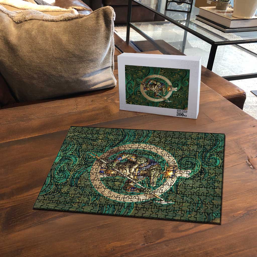 Sobek Crocodile Warrior Puzzle with Ankh Ancient Egyptian Motif in Emerald