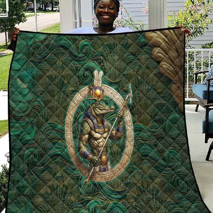 Sobek Crocodile Warrior Quilt with Ankh Ancient Egyptian Motif in Emerald