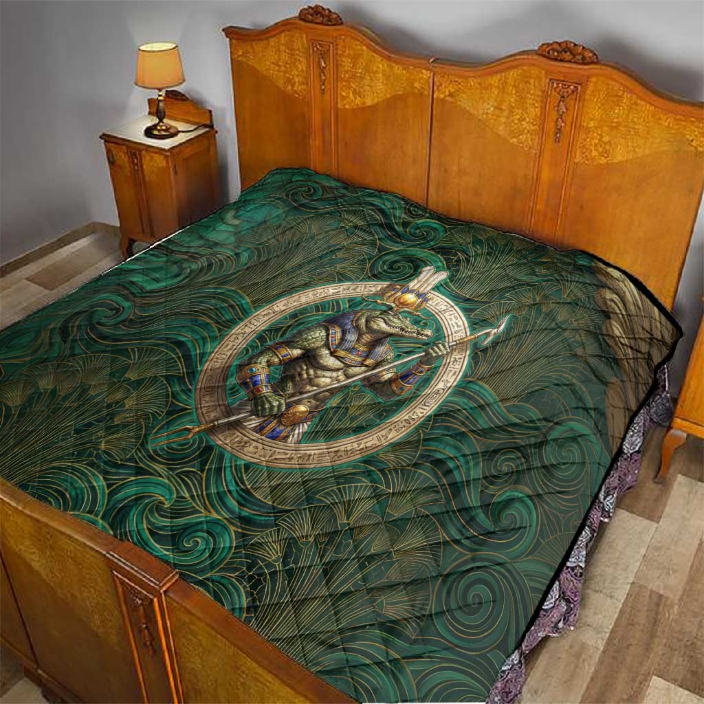 Sobek Crocodile Warrior Quilt with Ankh Ancient Egyptian Motif in Emerald