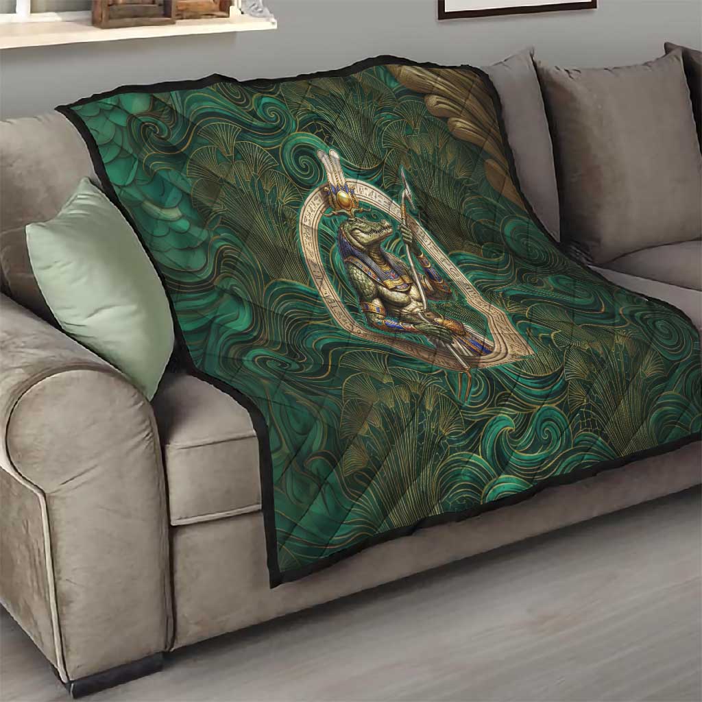 Sobek Crocodile Warrior Quilt with Ankh Ancient Egyptian Motif in Emerald
