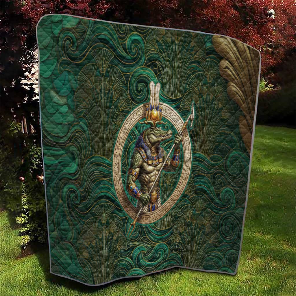 Sobek Crocodile Warrior Quilt with Ankh Ancient Egyptian Motif in Emerald