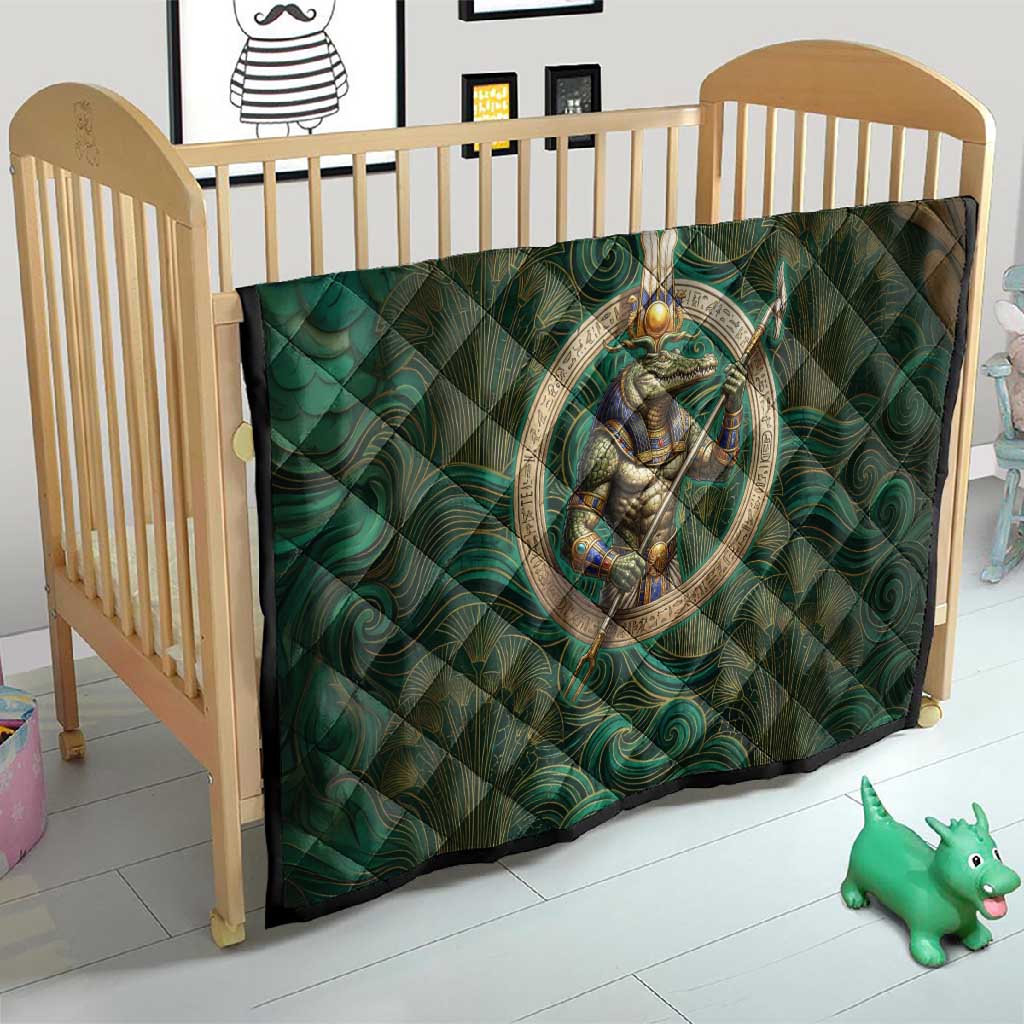 Sobek Crocodile Warrior Quilt with Ankh Ancient Egyptian Motif in Emerald